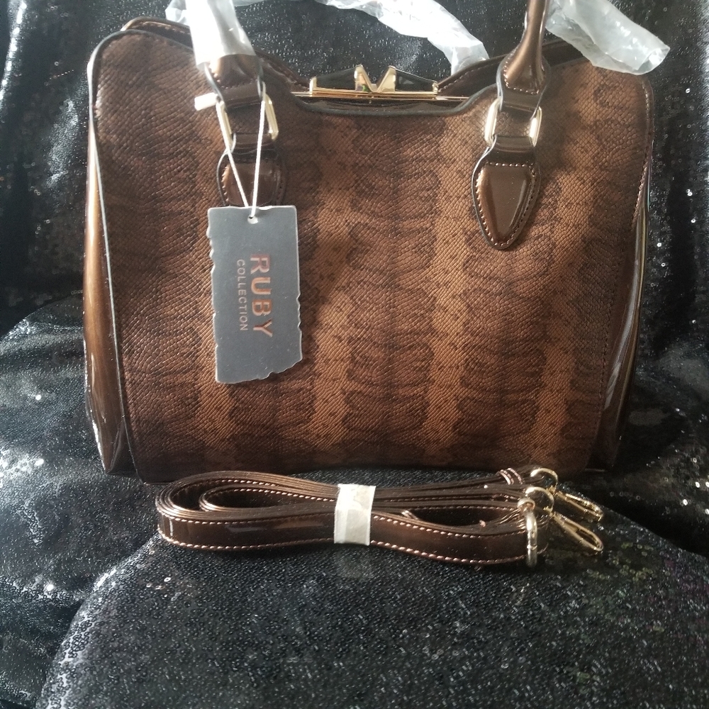 RUBY Brown patent sides w/ faux brown snake print on front and back.